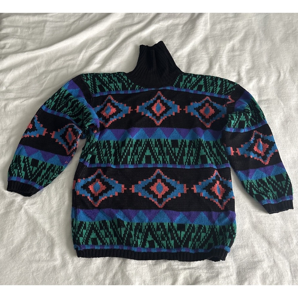 Vtg Sweater Geometric M USA 80s Ugly Funky Retro Apres Ski Party Cocktail 90s